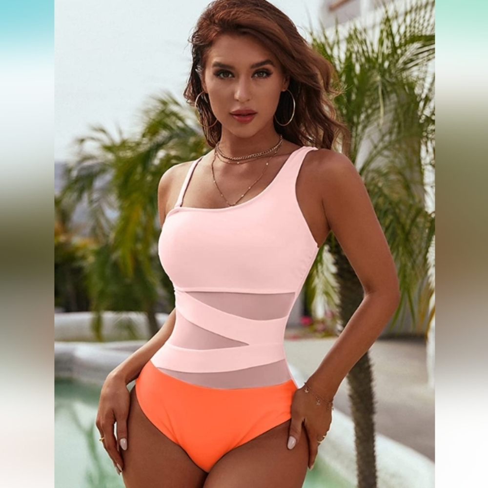 Blooming Jelly Women's Sexy Mesh One Piece Bathing Suit One Shoulder Swimsuit M